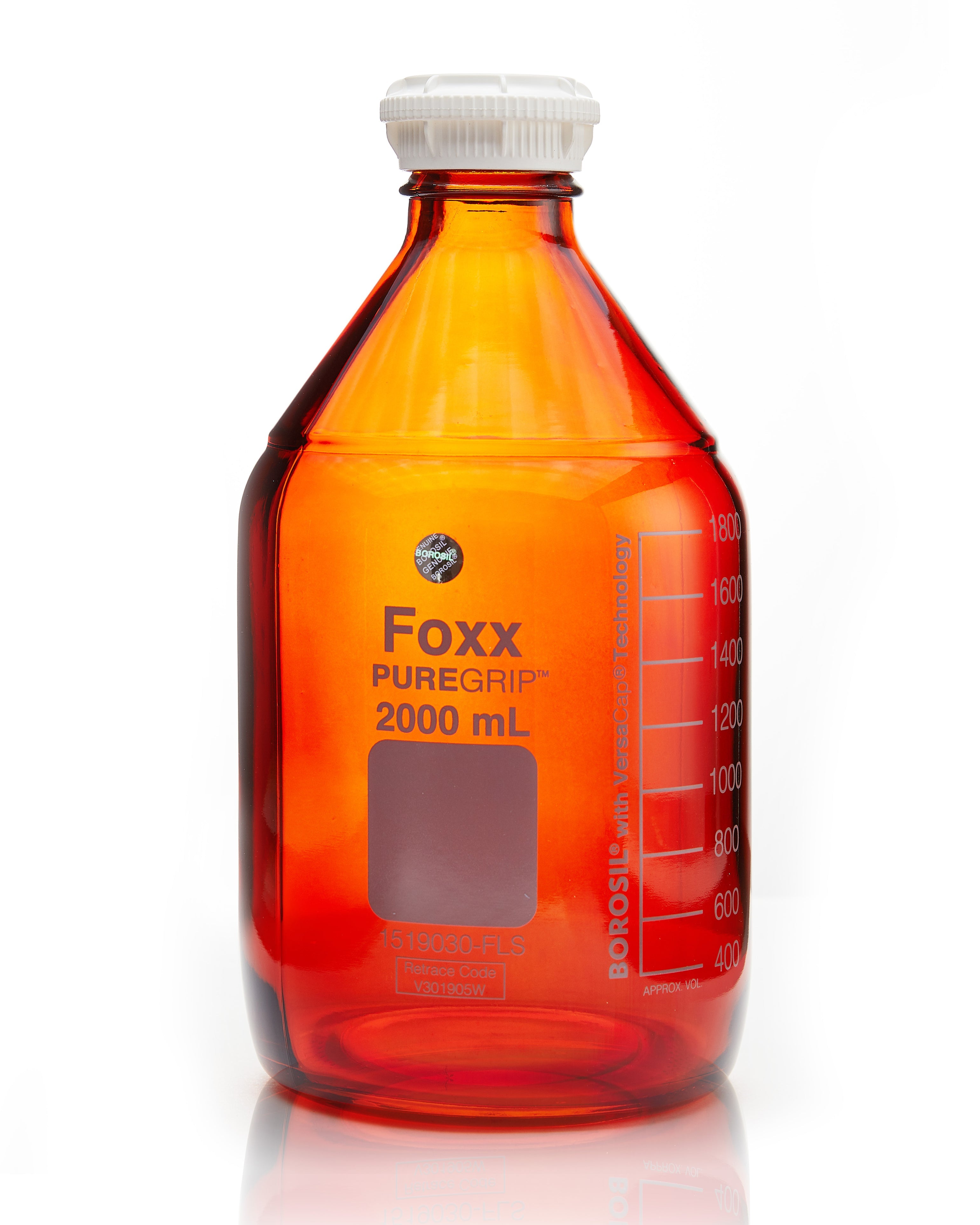 PUREGRIP® Bottles, Reagent, Amber Graduated with GL45 Screw Cap and Pouring Ring, 2L, 10/case PUREGRIP® Bottles, Reagent, Amber Graduated with GL45 Screw Cap and Pouring Ring, 2L, 10/case