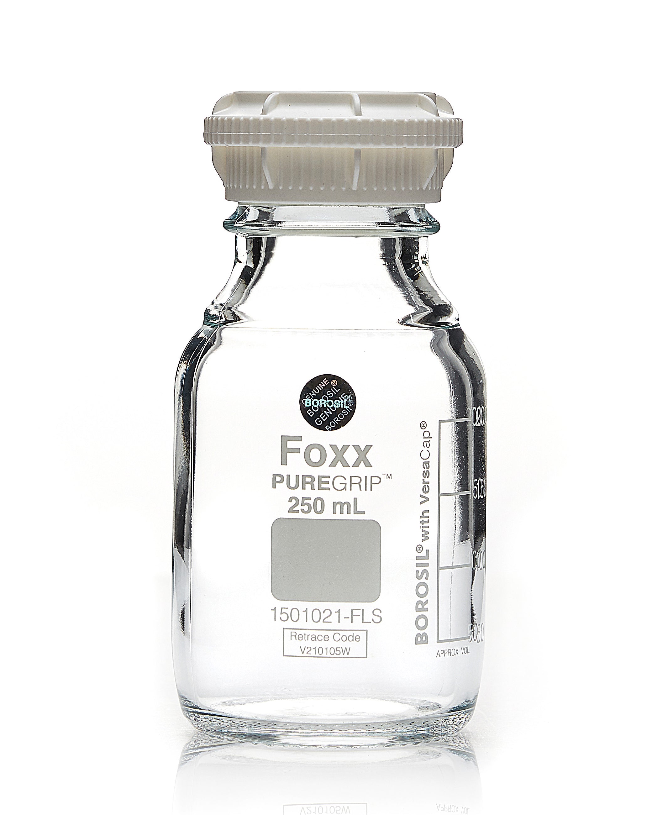 PUREGRIP® Bottles, Reagent, Graduated with GL45  Screw Cap and Pouring Ring, 250 mL, 10/case PUREGRIP® Bottles, Reagent, Graduated with GL45  Screw Cap and Pouring Ring, 250 mL, 10/case