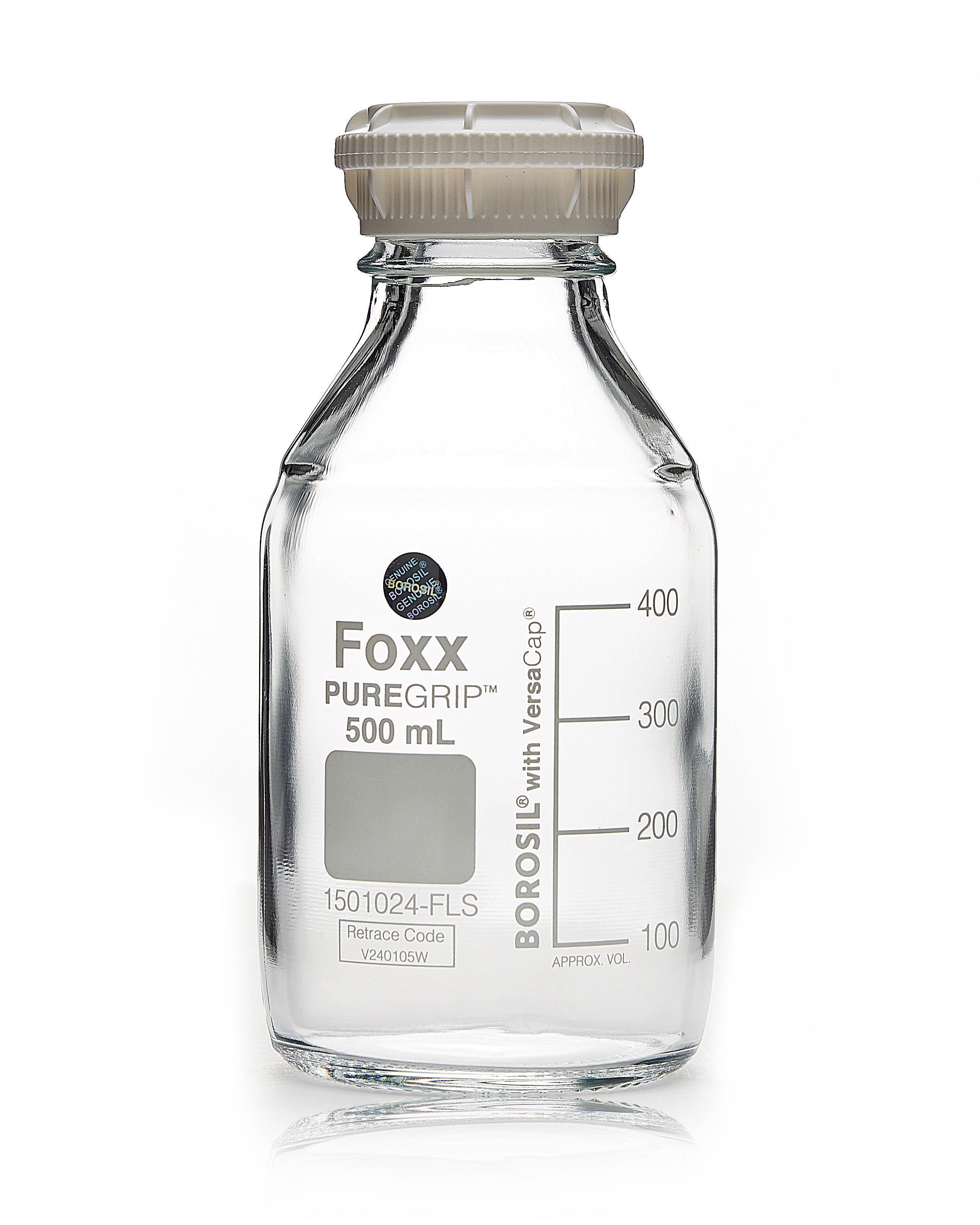 PUREGRIP® Bottles, Reagent, Transparent  Graduated with GL45 Screw Cap and Pouring Ring, 500 mL, 10/case PUREGRIP® Bottles, Reagent, Transparent  Graduated with GL45 Screw Cap and Pouring Ring, 500 mL, 10/case