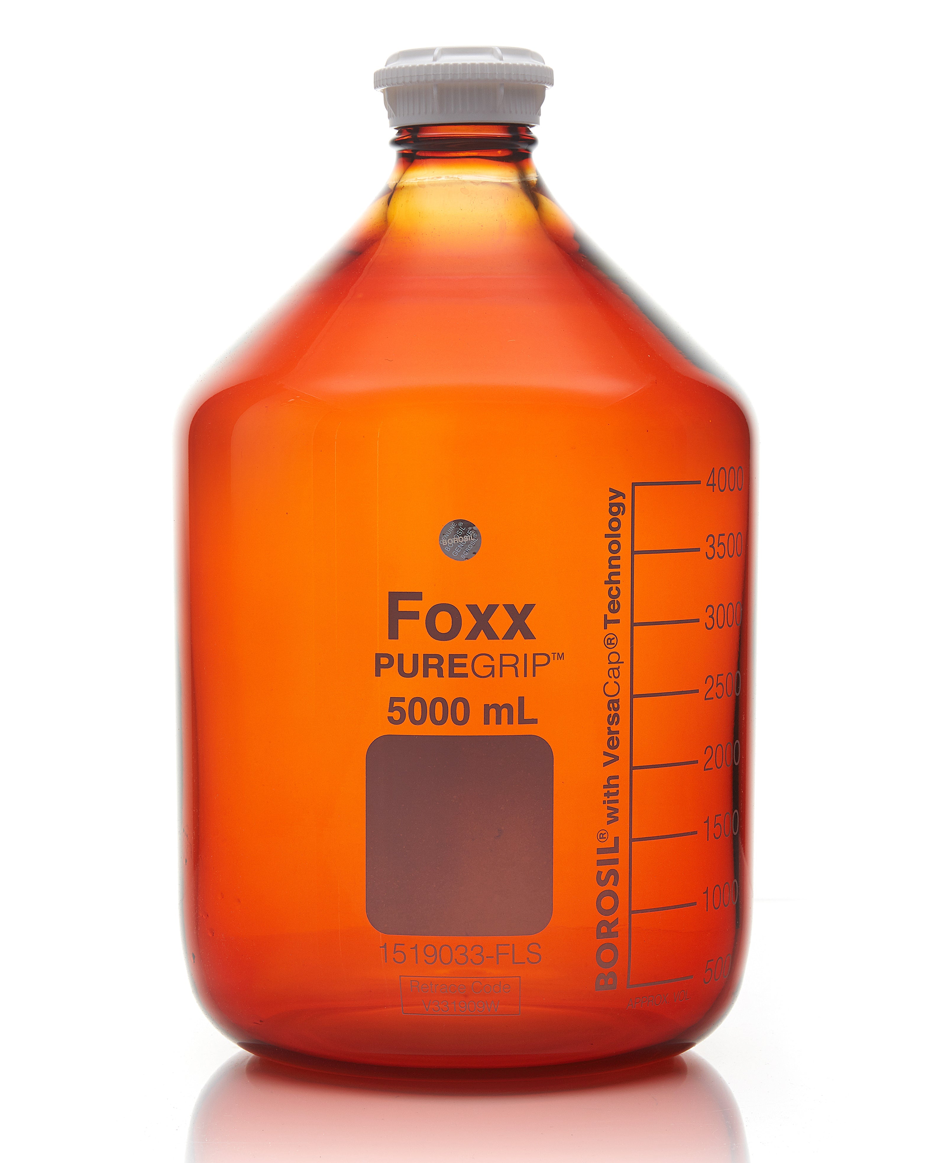 PUREGRIP® Bottles, Reagent, Amber Graduated with GL45 Screw Cap and Pouring Ring, 5L, 1EA PUREGRIP® Bottles, Reagent, Amber Graduated with GL45 Screw Cap and Pouring Ring, 5L, 1EA