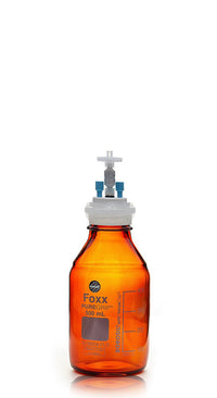 HPLC Solvent Reservoir Bottle Assembly, GL45, 500mL Amber, Class VI Polytetrafluoroethylene (PTFE) Adapter, 2 Ports for 3.2mm(1/8") and/or 1.6mm(1/16") OD Tubing