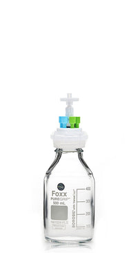 HPLC Solvent Reservoir Bottle Assembly, GL45, 500mL Clear, Class VI Polytetrafluoroethylene (PTFE) Adapter, 4 Ports for 3.2mm(1/8") and/or 1.6mm(1/16") OD Tubing