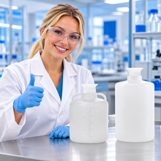 EZBio carboy with sanitary tri-clamp neck for bioprocessing.