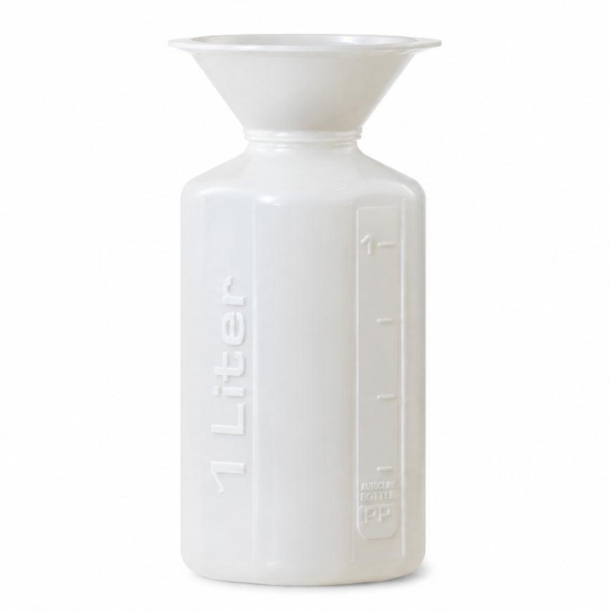 A white ceramic vase with a wide flared top and embossed measurement markings on the front, including the text '1 Liter' and volume indicators, set against a plain white background.