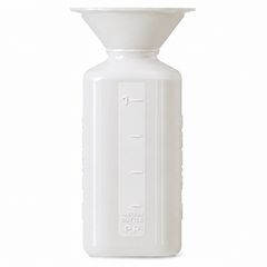 A white plastic funnel-shaped bottle with embossed measurement markings on the front, shown against a plain white background.