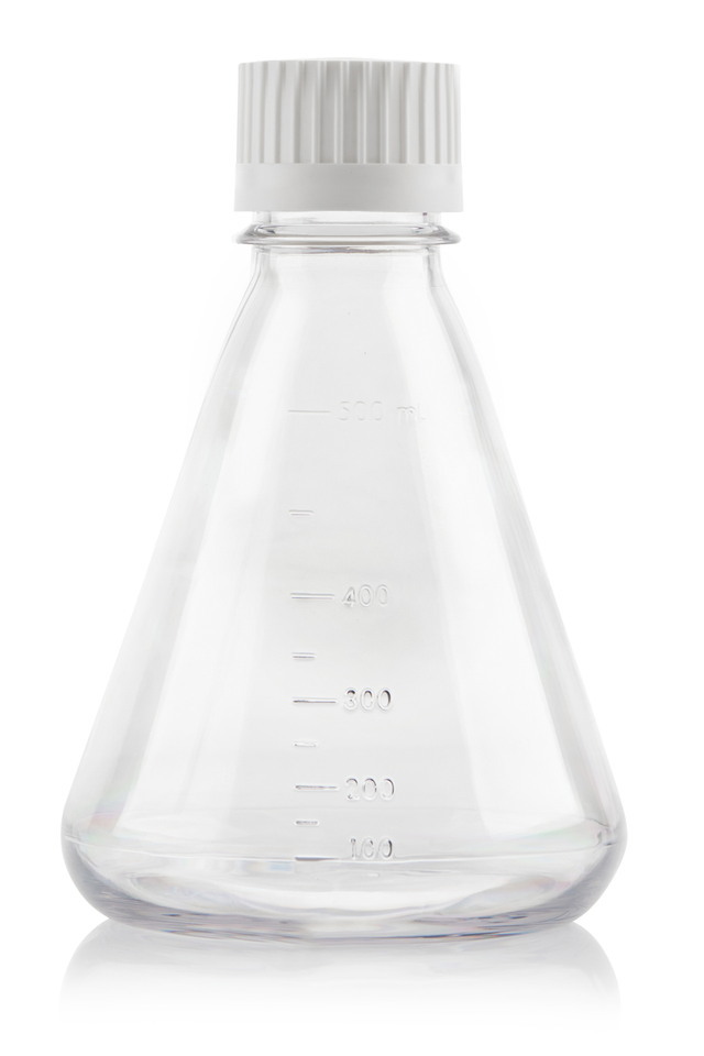 EZBio®pure® 500mL sterile Erlenmeyer Flask with flat base and VersaCap® 38-430, ideal for cell culture, media prep, and sterile lab workflows | img_1 | Foxx Life Sciences Global | shopfls.com