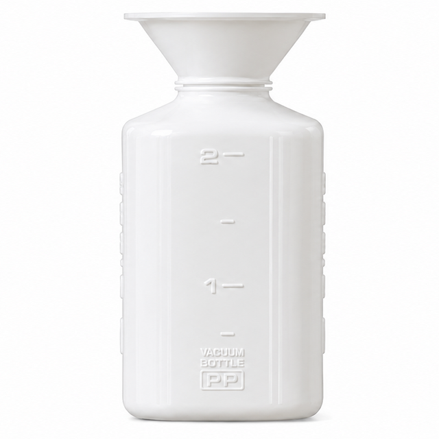 A white plastic funnel-shaped bottle with embossed measurement markings, shown against a plain white background.