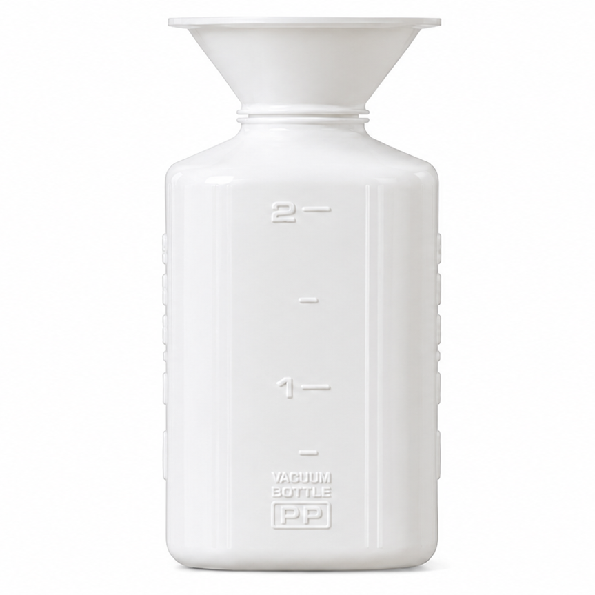 A white plastic funnel-shaped bottle with embossed measurement markings, shown against a plain white background.