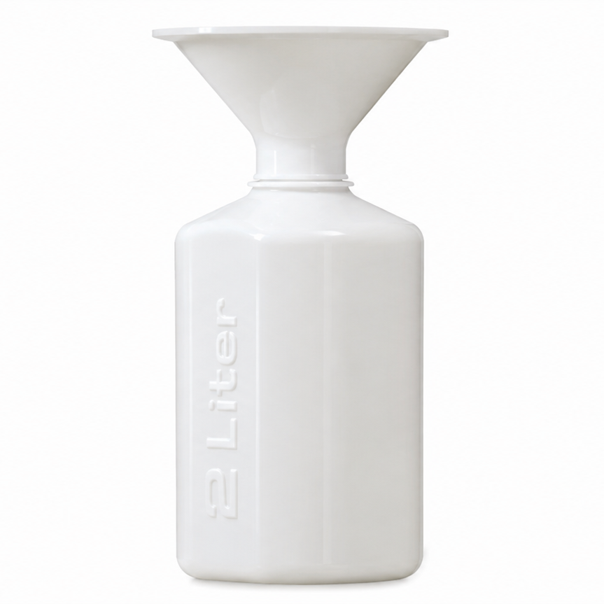 A white ceramic bottle vase with a wide flared top and embossed vertical text reading '2 Liter' on the front, shown against a plain white background.