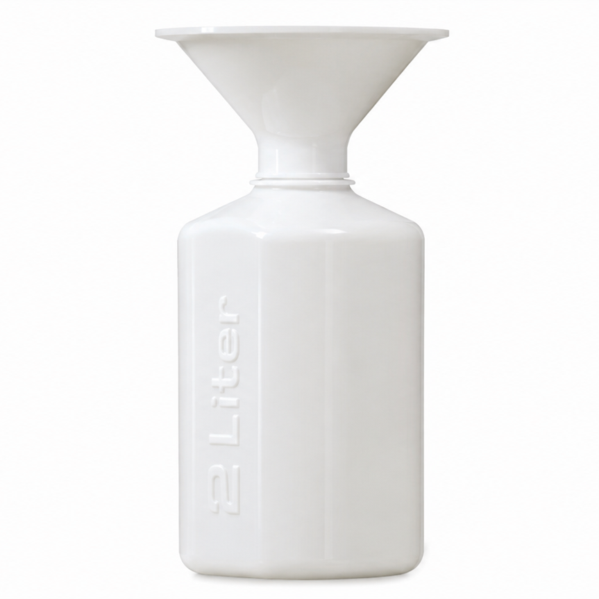 A white ceramic bottle vase with a wide flared top and embossed vertical text reading '2 Liter' on the front, shown against a plain white background.