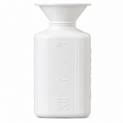 A white plastic funnel-shaped bottle with embossed measurement markings, shown against a plain white background.