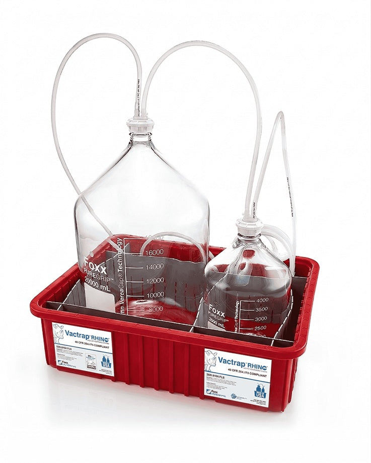 Laboratory setup with two beakers and a funnel on a red tray, on a white background.