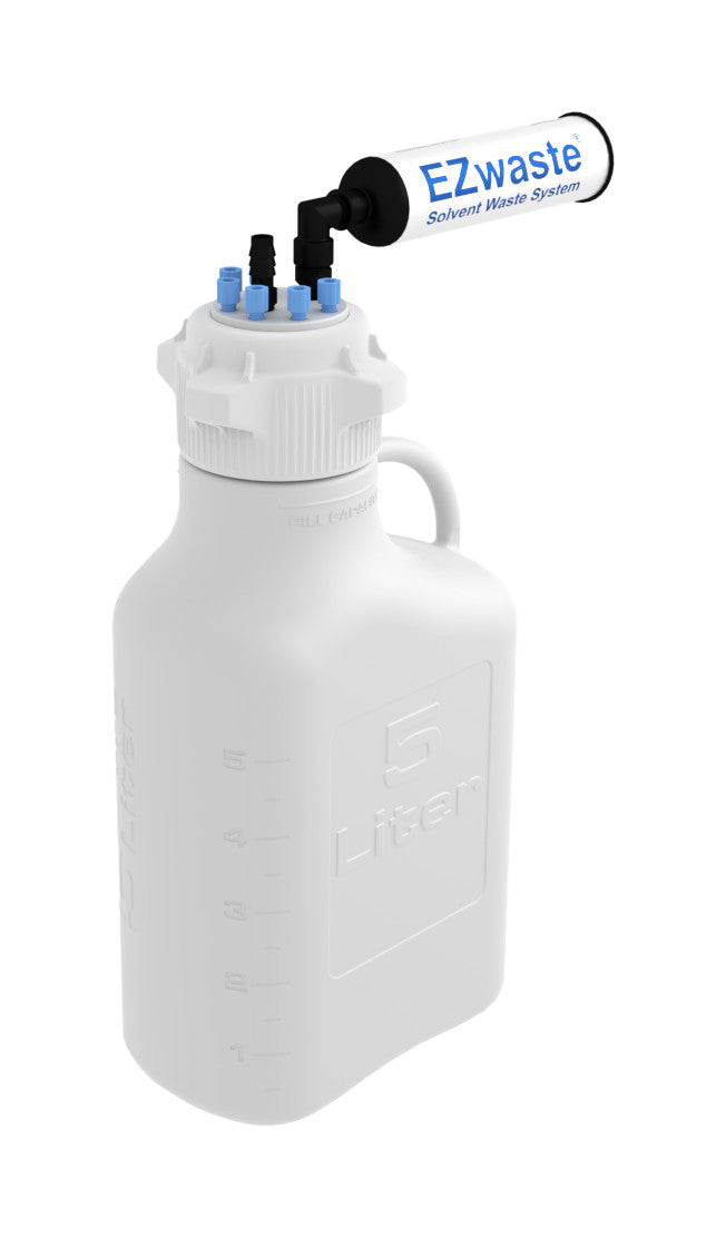 EZwaste® Safety Vent Carboy 5L HDPE with VersaCap® 83B, 6 ports for 1/8" OD Tubing, 1 port for 1/4" HB or 3/8"HB