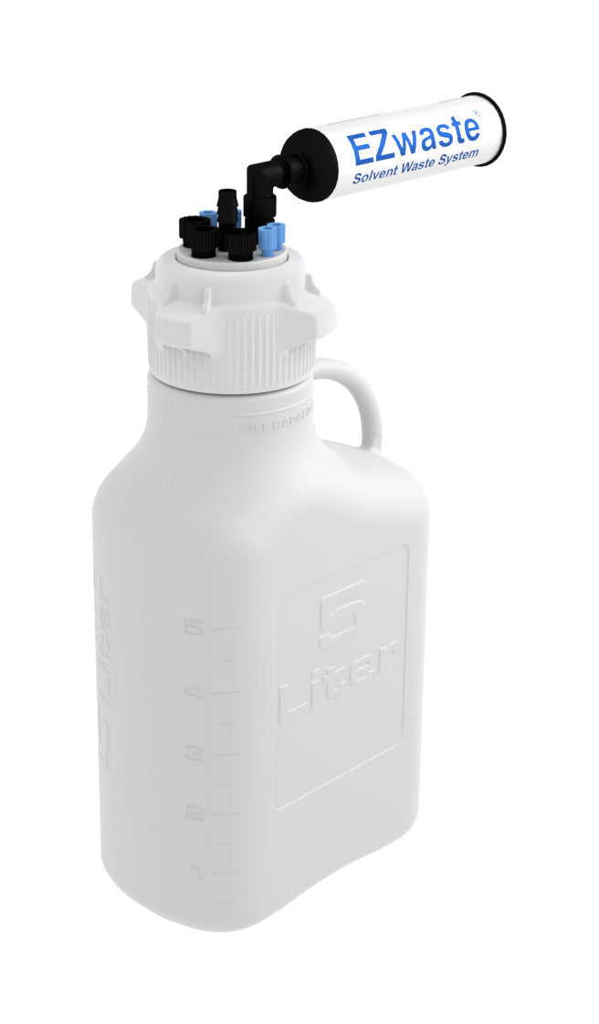 EZwaste® Safety Vent Carboy 5L HDPE with VersaCap® 83B, 4 ports for 1/8" OD Tubing, 3 ports for 1/4" OD Tubing, 1 port for 1/4" HB or 3/8" HB