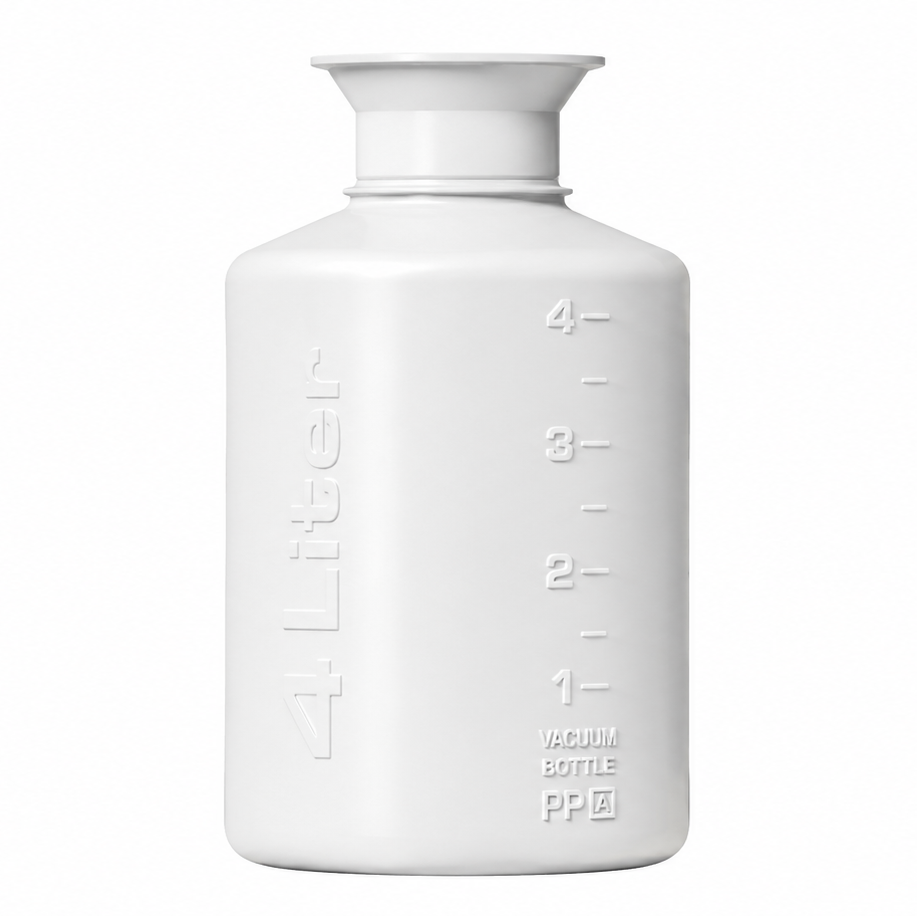 A matte white plastic water bottle with embossed measurement markings and the vertical text '4 Liter' on the side, shown against a plain white background.