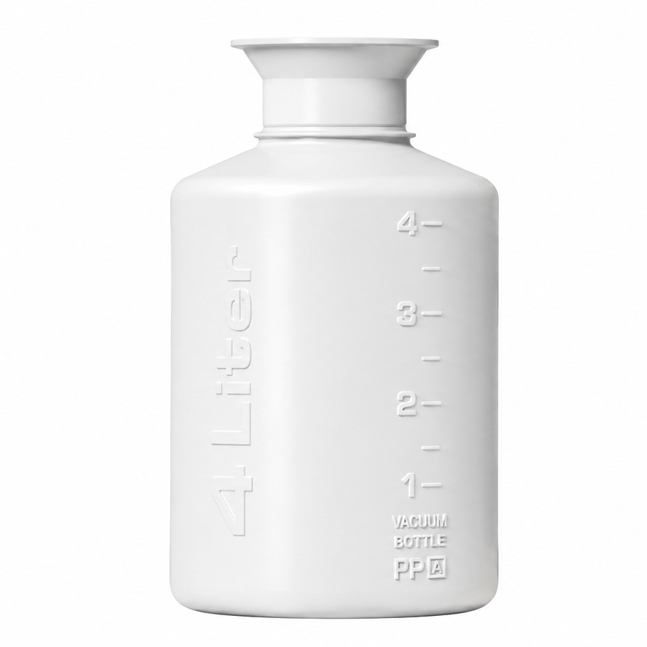 A matte white plastic water bottle with embossed measurement markings and the vertical text '4 Liter' on the side, shown against a plain white background.