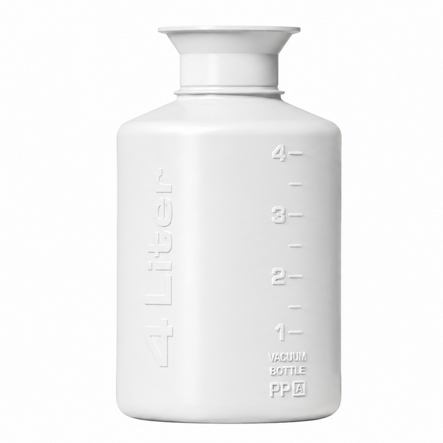 A matte white plastic water bottle with embossed measurement markings and the vertical text '4 Liter' on the side, shown against a plain white background.