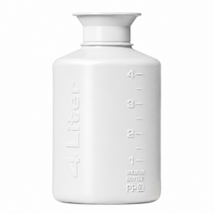 A matte white plastic water bottle with embossed measurement markings and the vertical text '4 Liter' on the side, shown against a plain white background.