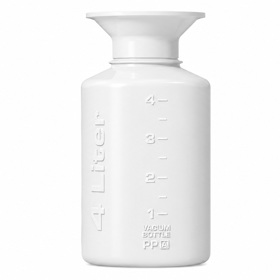 A white plastic water bottle with a funnel-shaped top, featuring embossed measurement markings from 1 to 4 liters and the text '4 Liter' and 'MEDIUM BOTTLE PPRI' on the front.