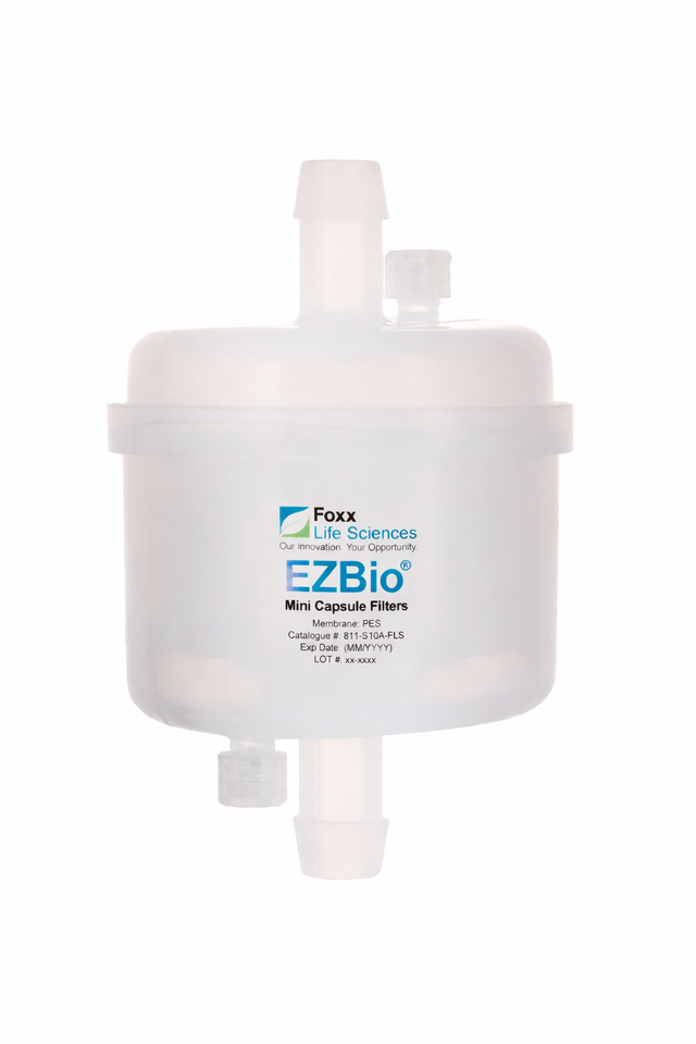 Foxx Life Sciences EZBio micro capsule filter on a white background