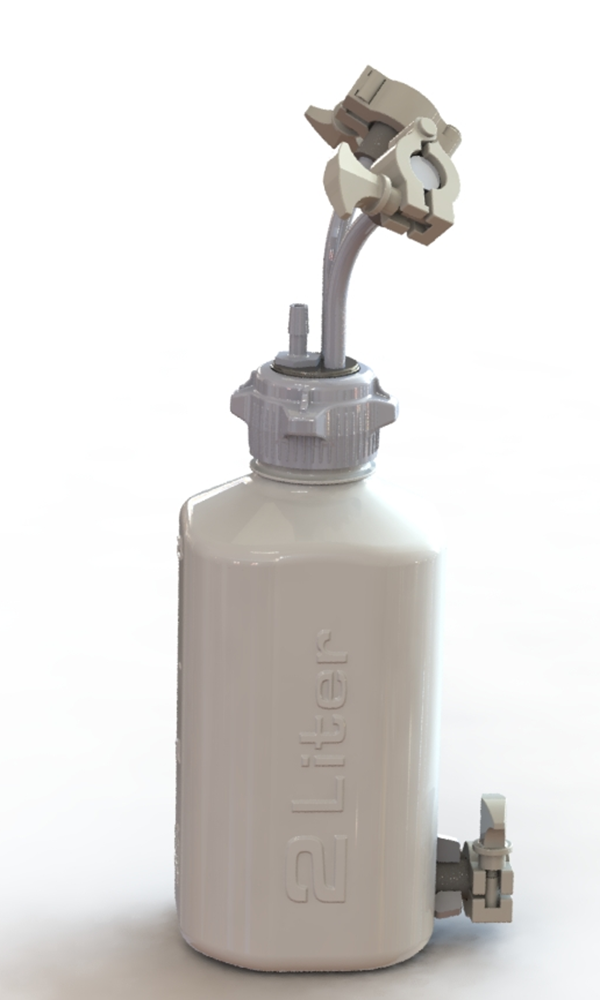 EZBio® 2L PP reservoir with 2 Mini TC ports, 3/8" hose barb, and bottom-mounted Mini TC, non-sterile
