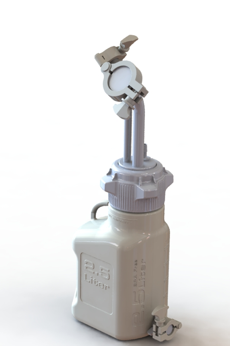 EZBio® 2.5L PP rectangular carboy with Mini TC, Maxi TC, 3/8" hose barb, and bottom Mini TC, non-sterile