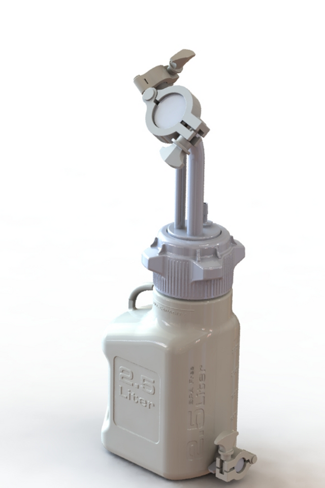 EZBio® 2.5L PP rectangular carboy with Mini TC, Maxi TC, 3/8" hose barb, and bottom Mini TC, non-sterile