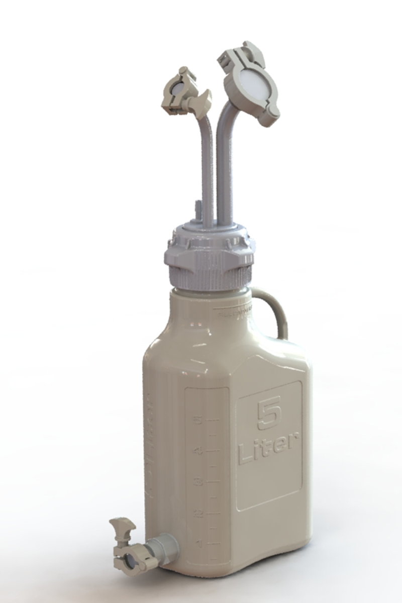 EZBio® 5L PP rectangular carboy with Mini TC, Maxi TC, 3/8" hose barb, and bottom Mini TC, non-sterile