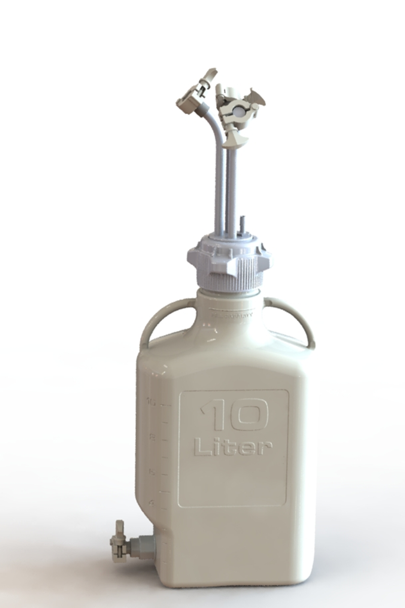 EZBio® 10L PP rectangular carboy with 83B VersaCap®, 3 Mini TC ports, 3/8" hose barb, and bottom Mini TC, non-sterile