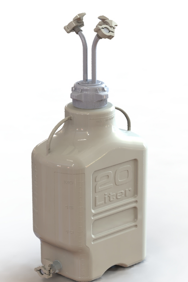 EZBio® 20L PP rectangular carboy with 83B VersaCap®, 3 Mini TC ports, 3/8" hose barb, and bottom Mini TC, non-sterile