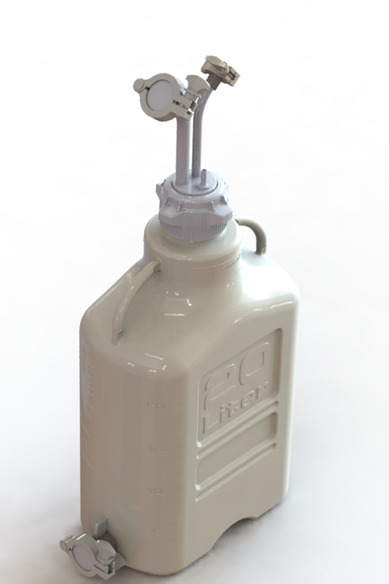 EZBio® 20L PP rectangular carboy with Mini TC, Maxi TC, 3/8" hose barb, and bottom Maxi TC, non-sterile