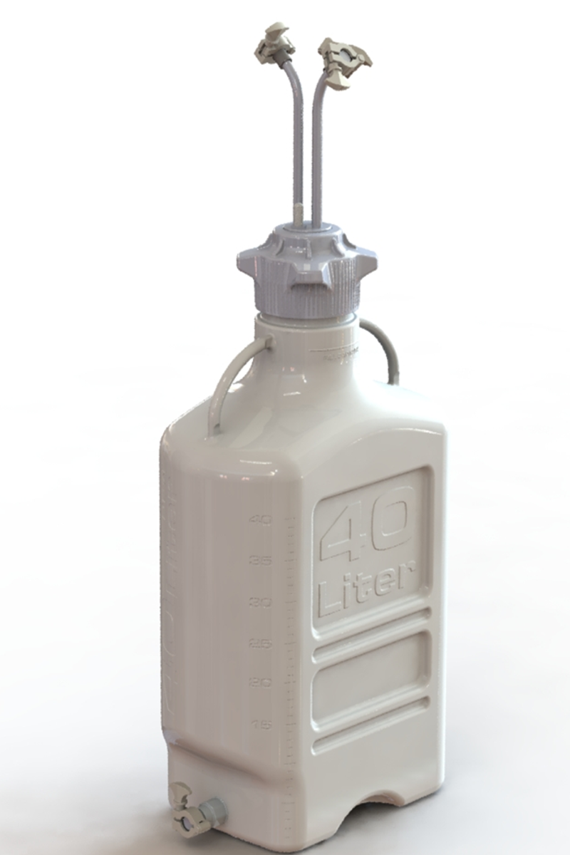 EZBio® 40L PP rectangular carboy with 120mm VersaCap®, 3 Mini TC ports, 3/8" hose barb, and bottom Mini TC, non-sterile