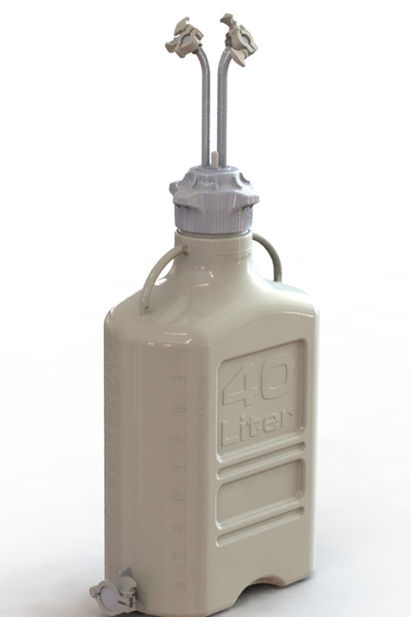 EZBio® 40L PP rectangular carboy with 4 Mini TC ports, 3/8" hose barb, and bottom Maxi TC, non-sterile