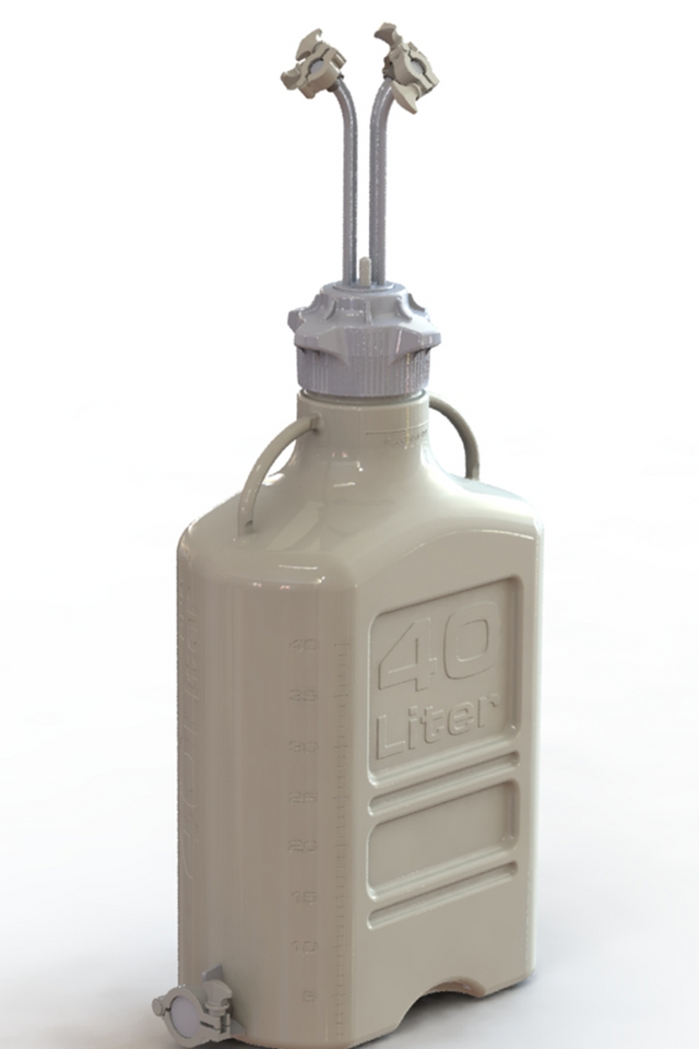 EZBio® 40L PP rectangular carboy with 4 Mini TC ports, 3/8" hose barb, and bottom Maxi TC, non-sterile