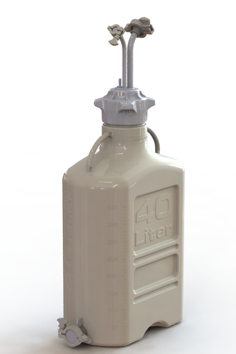 EZBio® 40L PP rectangular carboy with Mini TC, Maxi TC, 3/8" hose barb, and bottom Maxi TC, non-sterile