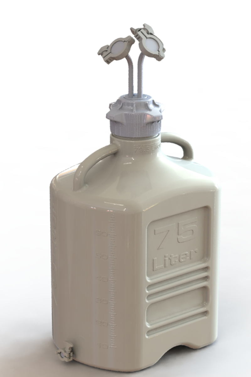 EZBio® 75L PP rectangular carboy with 3 Maxi TC ports, 3/8" hose barb, and bottom Mini TC, non-sterile