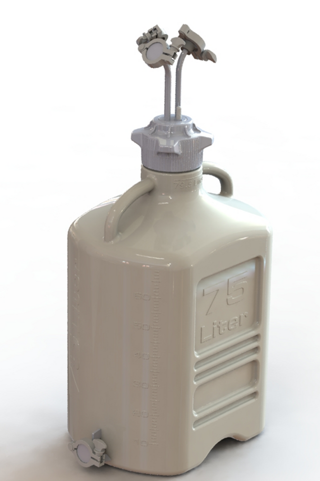 EZBio® 75L PP rectangular carboy with 3 Maxi TC ports, 3/8" hose barb, and bottom Maxi TC, non-sterile