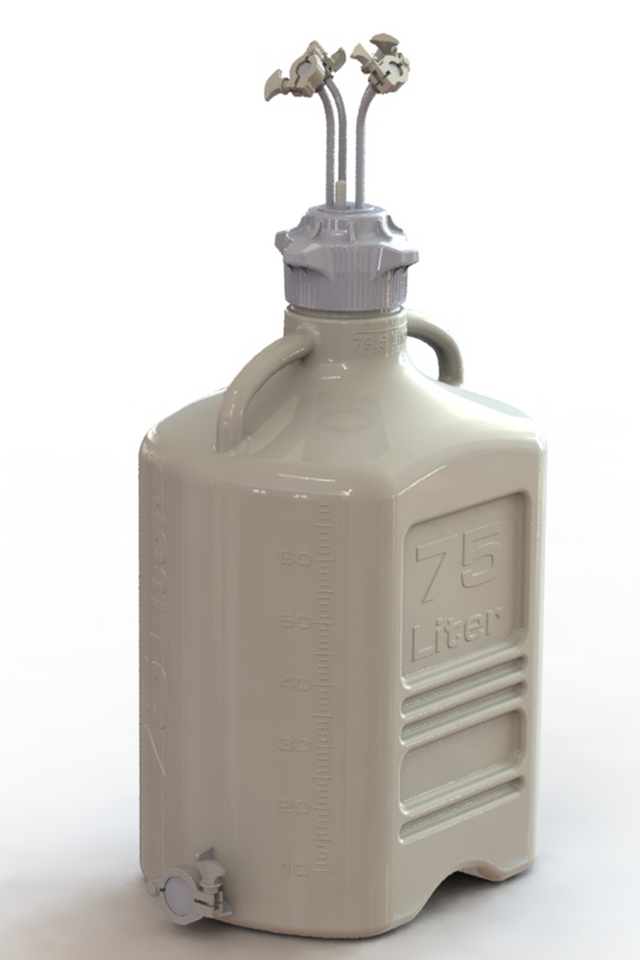 EZBio® 75L PP rectangular carboy with 4 Mini TC ports, 3/8" hose barb, and bottom Maxi TC, non-sterile