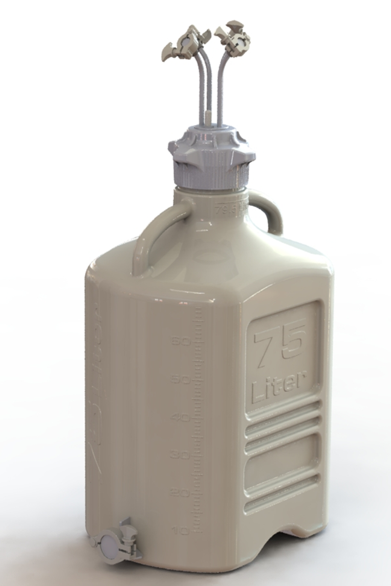 EZBio® 75L PP rectangular carboy with 4 Mini TC ports, 3/8" hose barb, and bottom Maxi TC, non-sterile