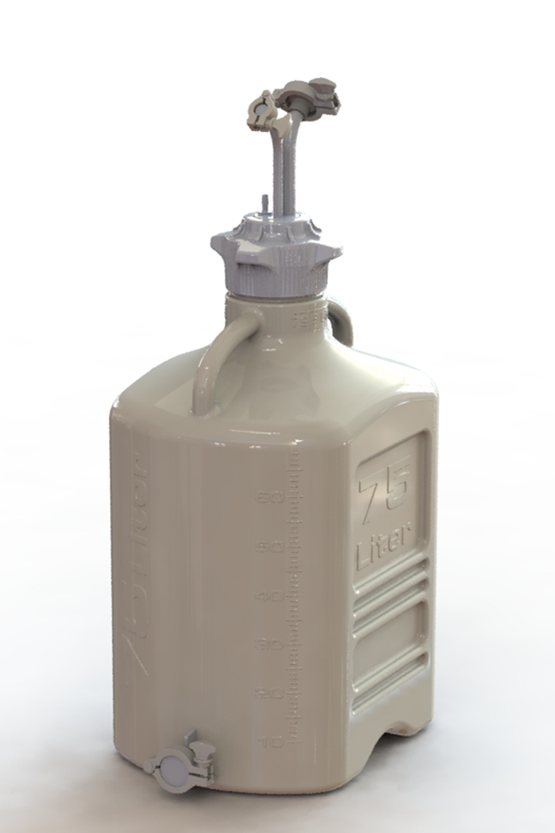 EZBio® 75L PP rectangular carboy with Mini TC, Maxi TC, 3/8" hose barb, and bottom Maxi TC, non-sterile