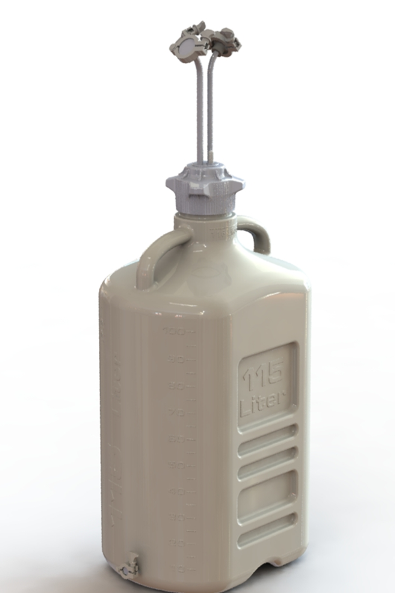 EZBio® 115L PP rectangular carboy with 3 Maxi TC ports, 3/8" hose barb, and bottom Mini TC, non-sterile