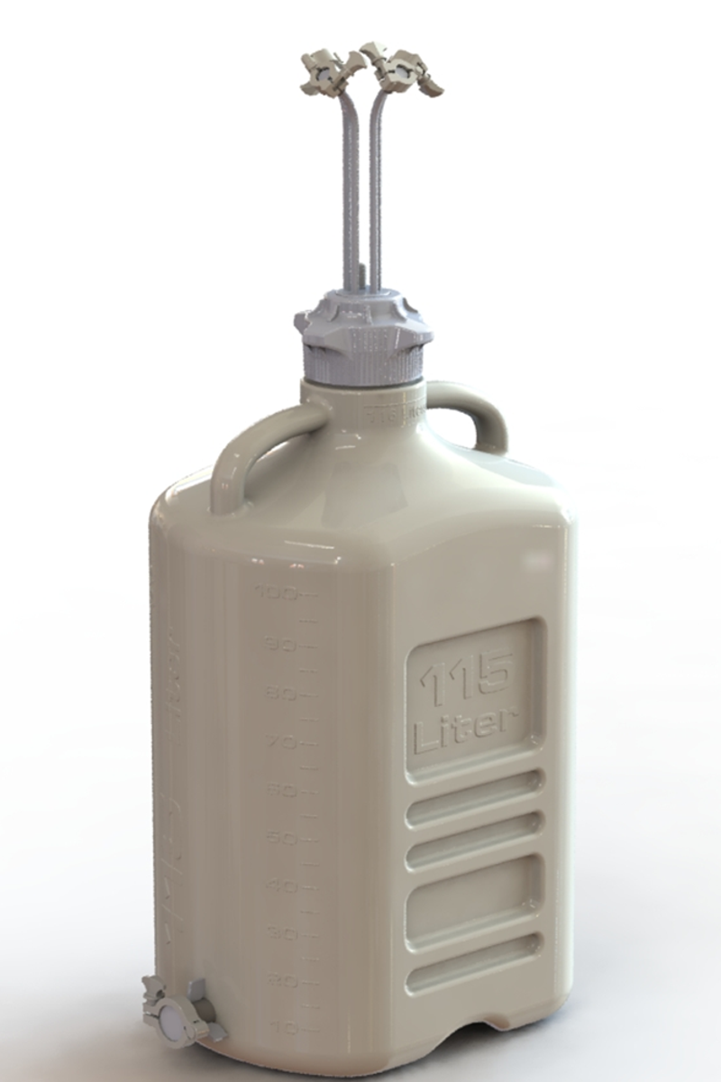 EZBio® 115L PP rectangular carboy with 4 Mini TC ports, 3/8" hose barb, and bottom Maxi TC, non-sterile