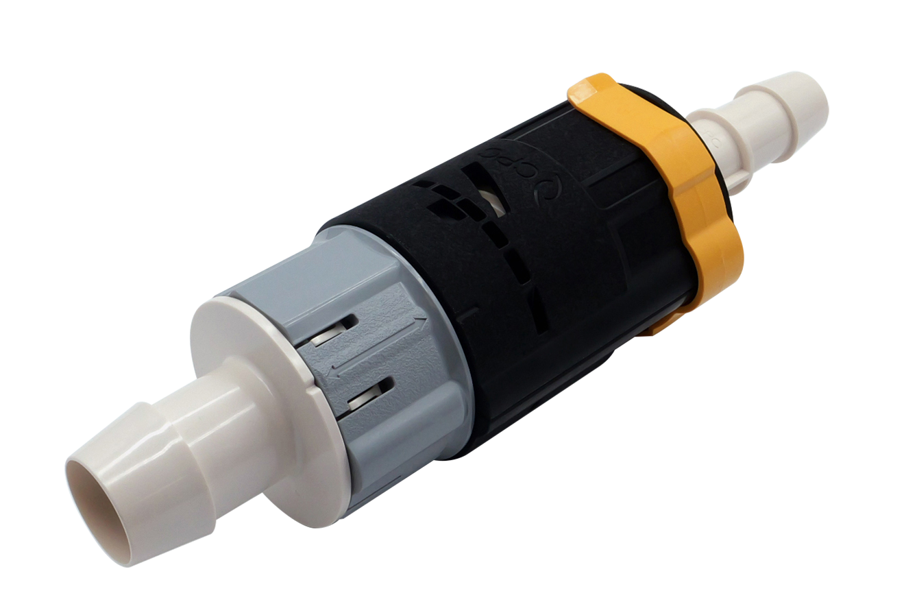 A plastic inline pump filter with a black main body, a gray plastic filter section, white plastic connector ends, and a yellow protective collar, shown on a white background.