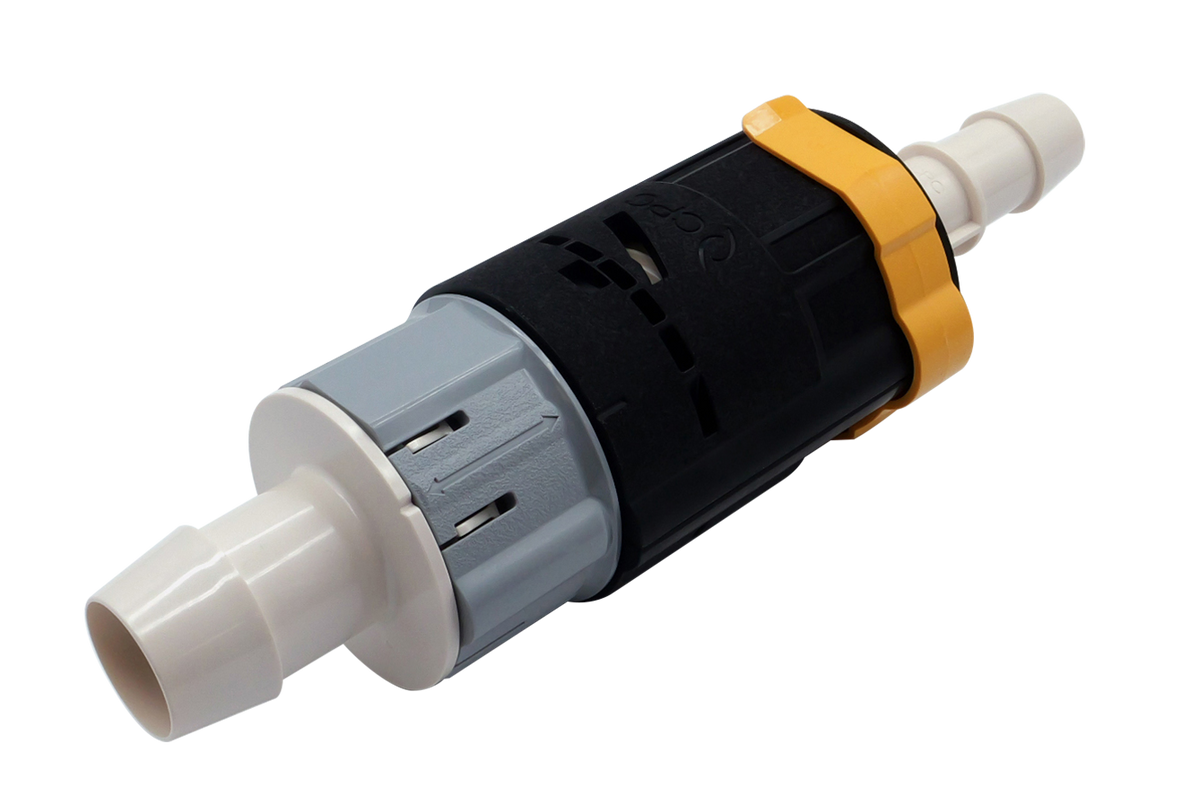 A plastic inline pump filter with a black main body, a gray plastic filter section, white plastic connector ends, and a yellow protective collar, shown on a white background.