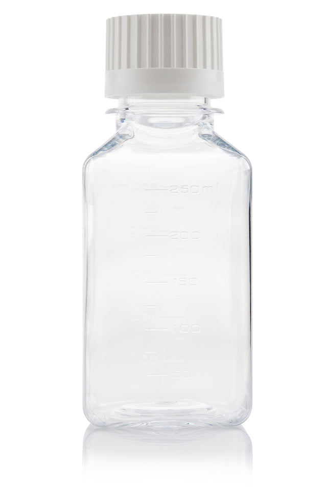 PETG space saving, square media bottle; with patented VersaCap technology