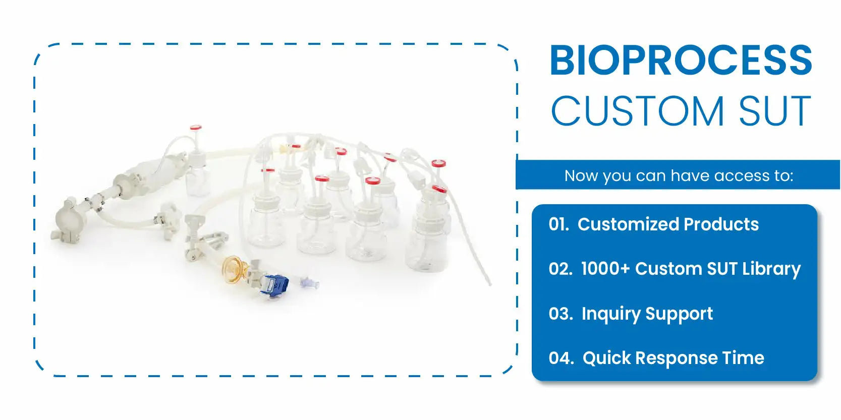 Bioprocess custom SUT with product features listed on a white background