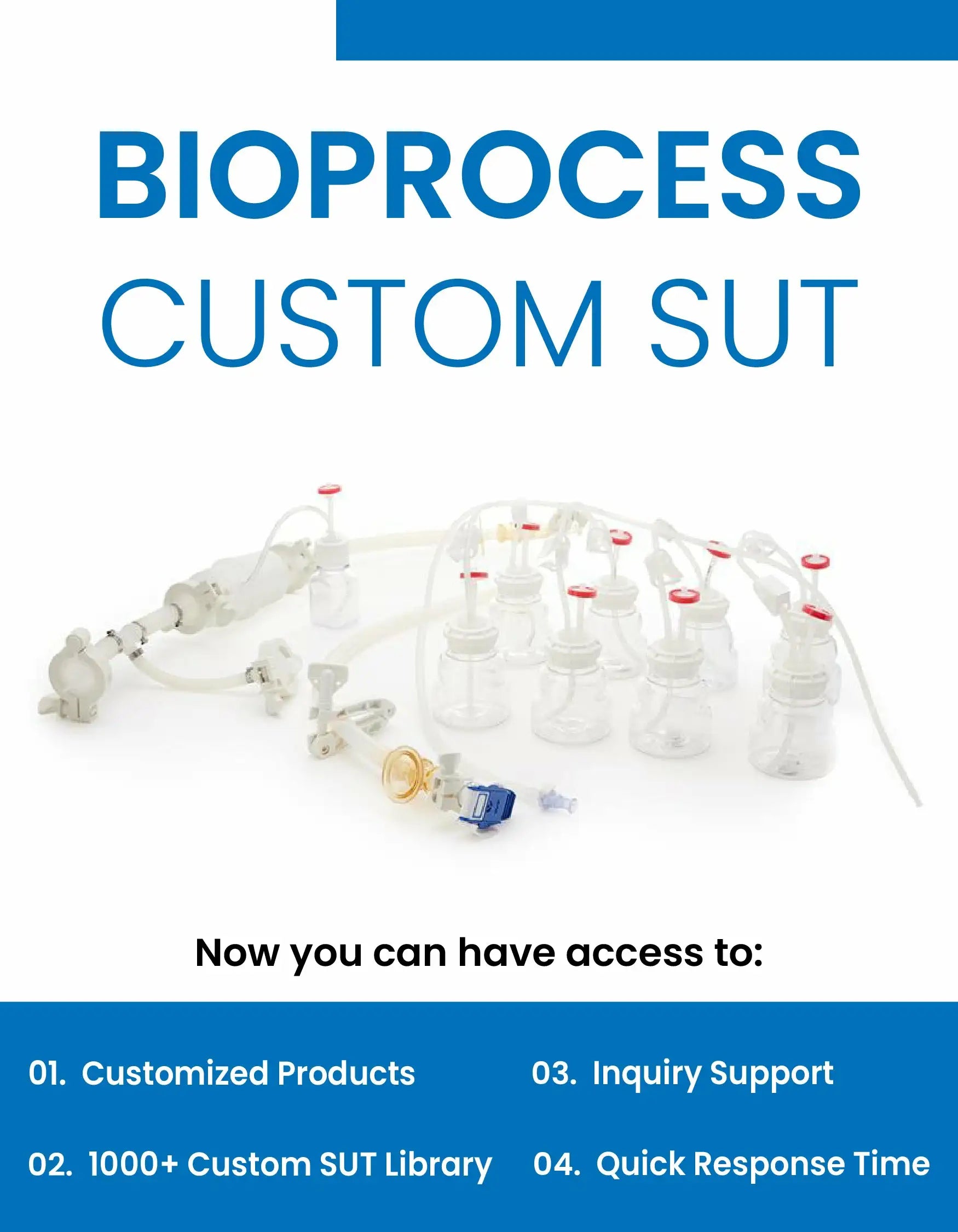 Bioprocess custom SUT system with text about customization and support on a blue background