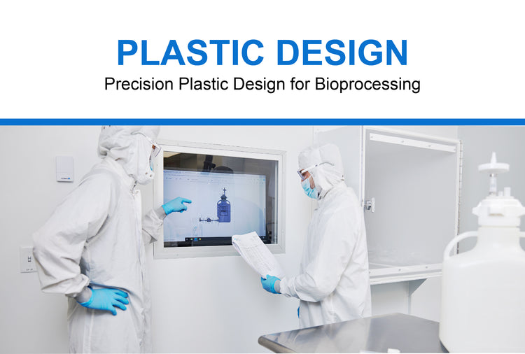 Two people in white lab coats and protective gear in a cleanroom setting with text about precision plastic design for bioprocessing.