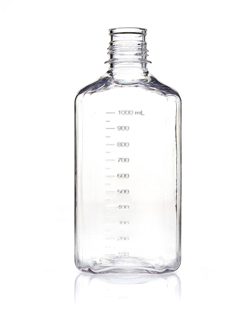 EZBio® Square Bottle, 1L, PETG, Non-Sterile, 38-430mm Neck, No Cap, 12/pk