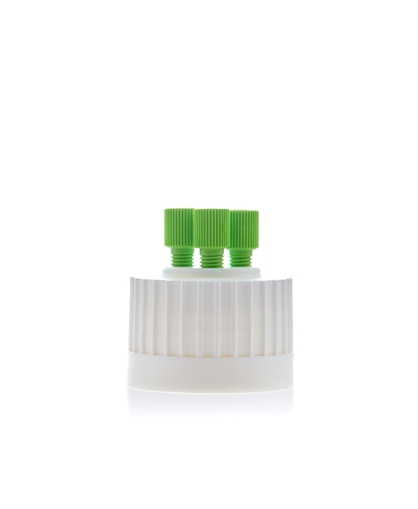 HPLC Solvent Reservoir ChromCap™ 100 Assembly,38-430, Class VI Polytetrafluoroethylene (PTFE) Adapter w Vent Hole, 3 Port for 3.2mm(1/8") or 1.6mm(1/16") OD Tubing, 1/EA